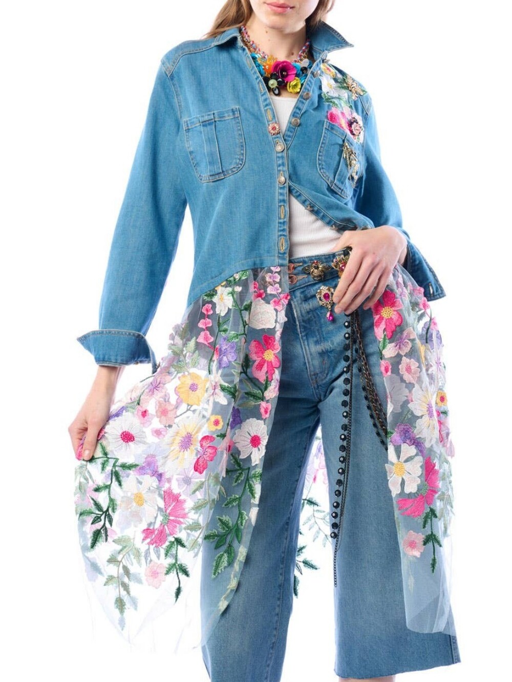 Aratta Celine Maxi Shirt Dress - Denim And Embroidery Florals - Picture 2 of 9